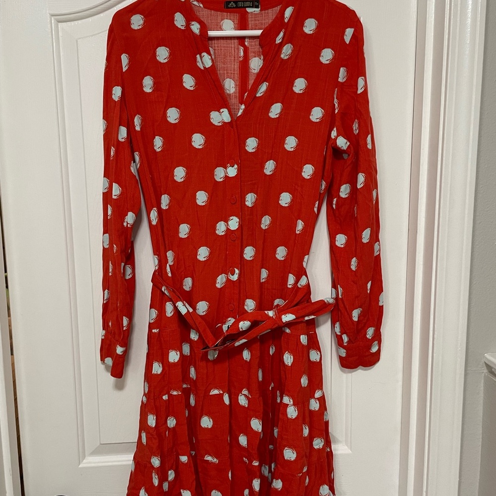 Polka Dot Red Button-Front Long Sleeve Dress